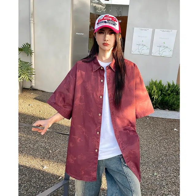 玄唐 扎染格子美式复古衬衣外套上衣翻领短袖衬衫 女款