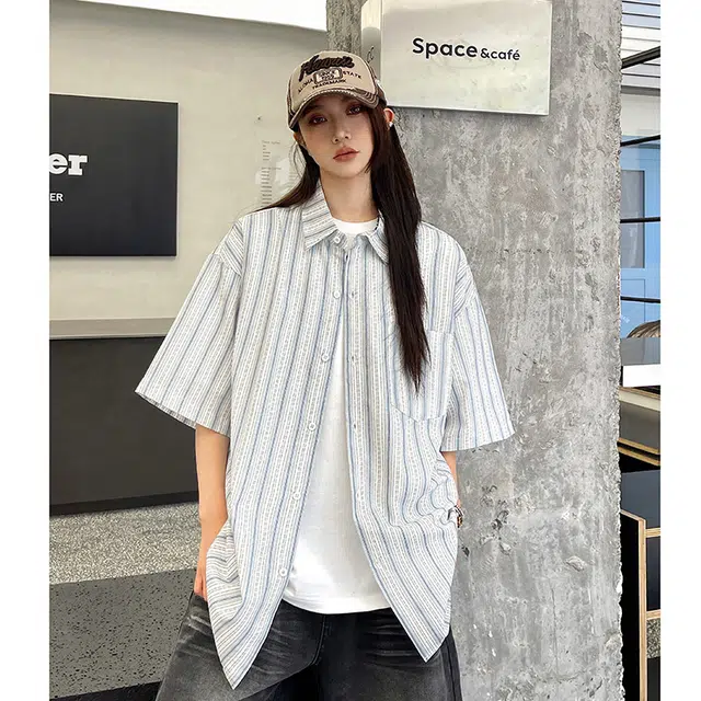 玄唐 日系条纹撞色短袖干净穿搭休闲衬衣外套衬衫 女款