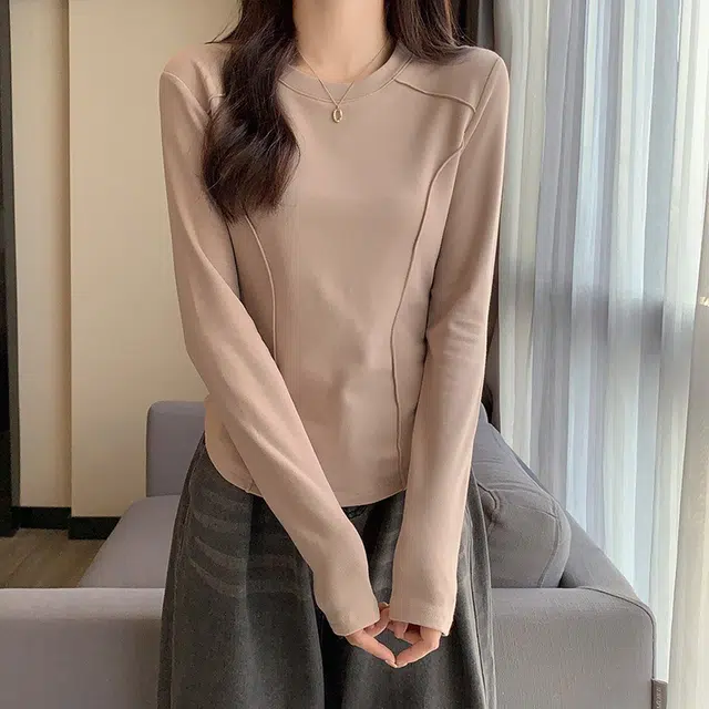 御茶家 韩系基础款插肩长袖加厚磨毛修身针织打底衫 女款 白色