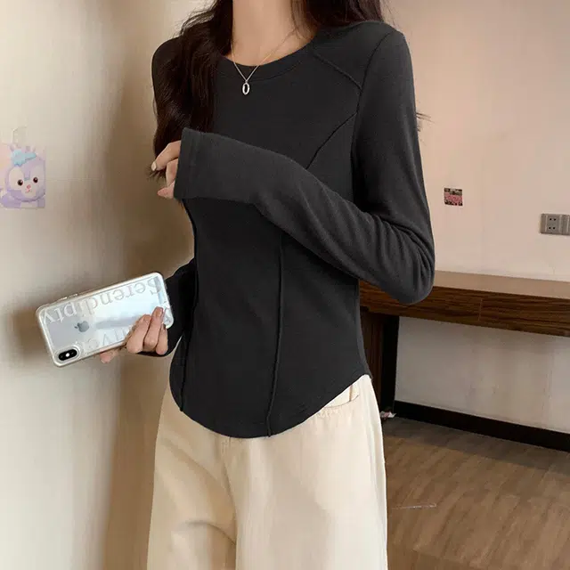 御茶家 韩系基础款插肩长袖加厚磨毛修身针织打底衫 女款 白色