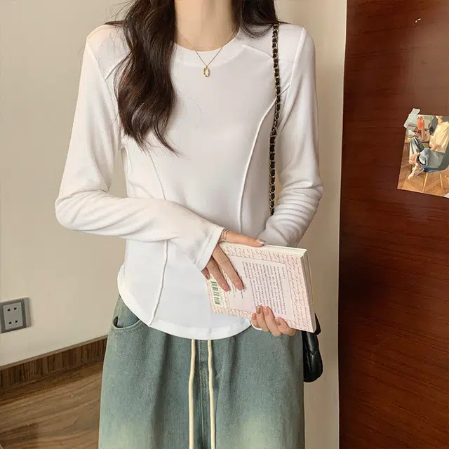御茶家 韩系基础款插肩长袖加厚磨毛修身针织打底衫 女款 白色
