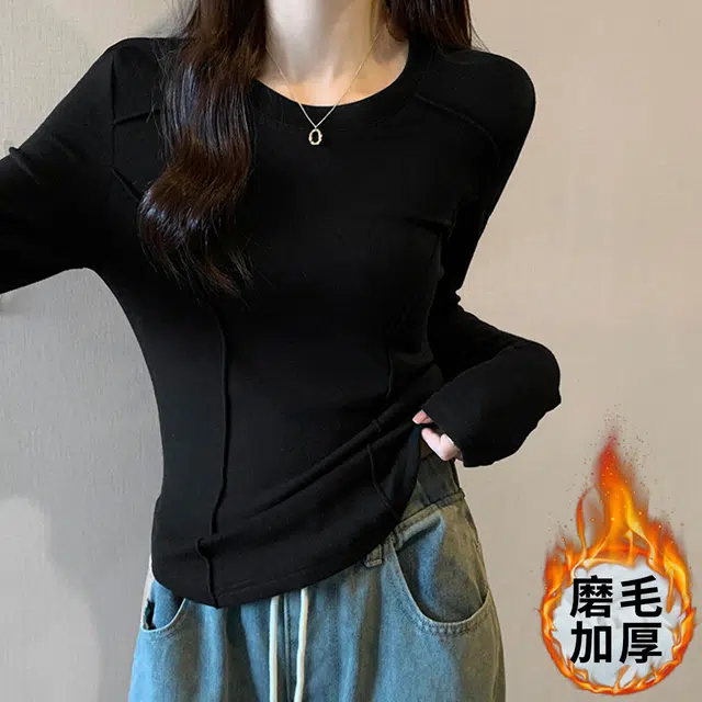 御茶家 韩系基础款插肩长袖加厚磨毛修身针织打底衫 女款 白色
