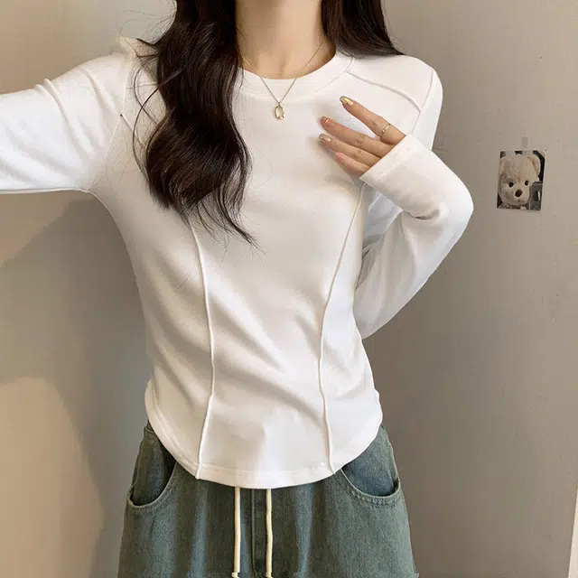 御茶家 韩系基础款插肩长袖加厚磨毛修身针织打底衫 女款 白色