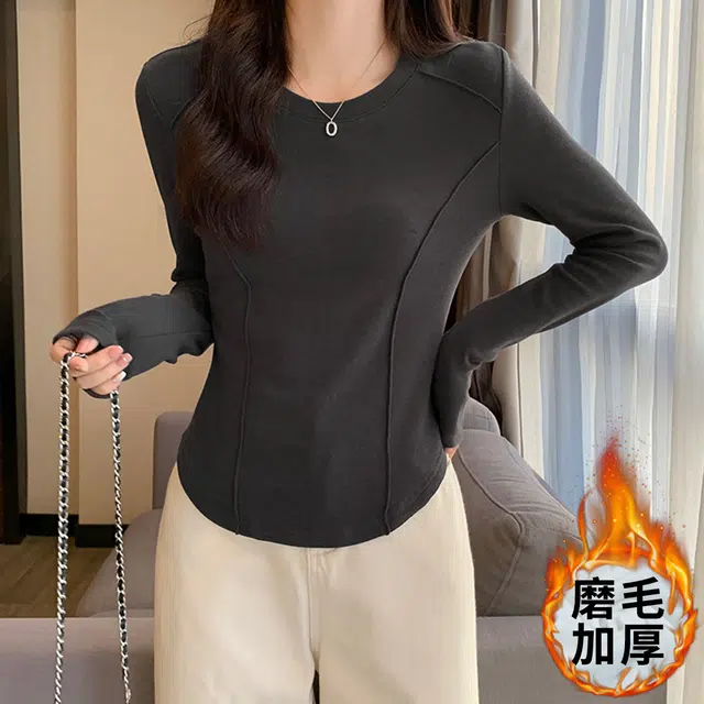 御茶家 韩系基础款插肩长袖加厚磨毛修身针织打底衫 女款 白色
