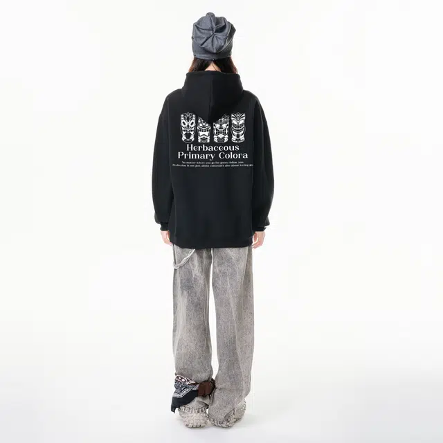 草本初色 美式复古潮流彩绳装饰品牌趣味青铜文物无色印花落肩松紧秋冬季保暖少年感休闲时尚户外百搭舒适日常通勤连帽套头衫卫衣 男女同款