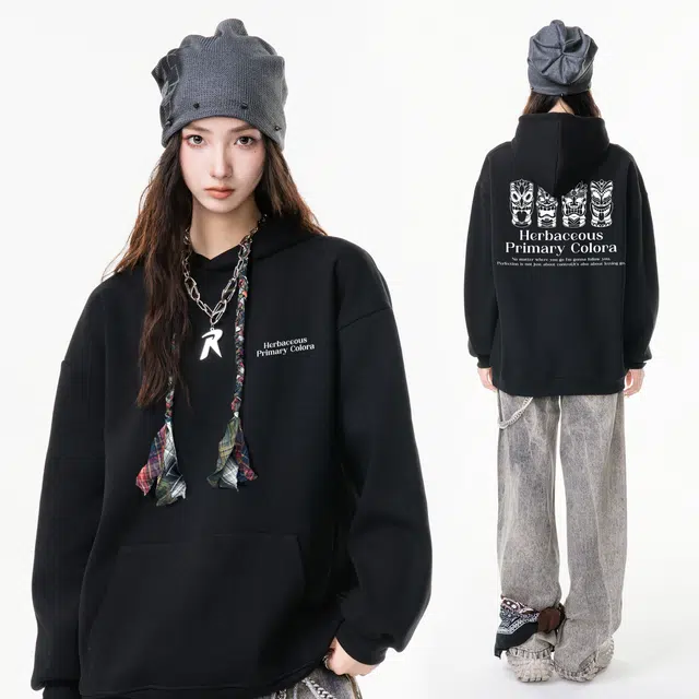 草本初色 美式复古潮流彩绳装饰品牌趣味青铜文物无色印花落肩松紧秋冬季保暖少年感休闲时尚户外百搭舒适日常通勤连帽套头衫卫衣 男女同款