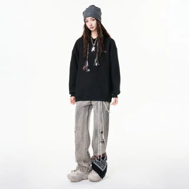 草本初色 美式复古潮流彩绳装饰品牌趣味青铜文物无色印花落肩松紧秋冬季保暖少年感休闲时尚户外百搭舒适日常通勤连帽套头衫卫衣 男女同款