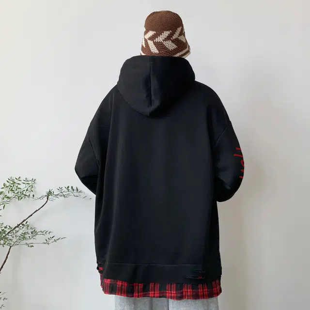 草本初色 美式潮流复古高街撞色拼接格子假两件创意格纹设计感艺术字花体印花简约百搭透气舒适柔软秋季学连帽拉链开衫卫衣 男女同款