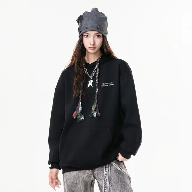 草本初色 美式复古潮流彩绳装饰品牌趣味青铜文物无色印花落肩松紧秋冬季保暖少年感休闲时尚户外百搭舒适日常通勤连帽套头衫卫衣 男女同款