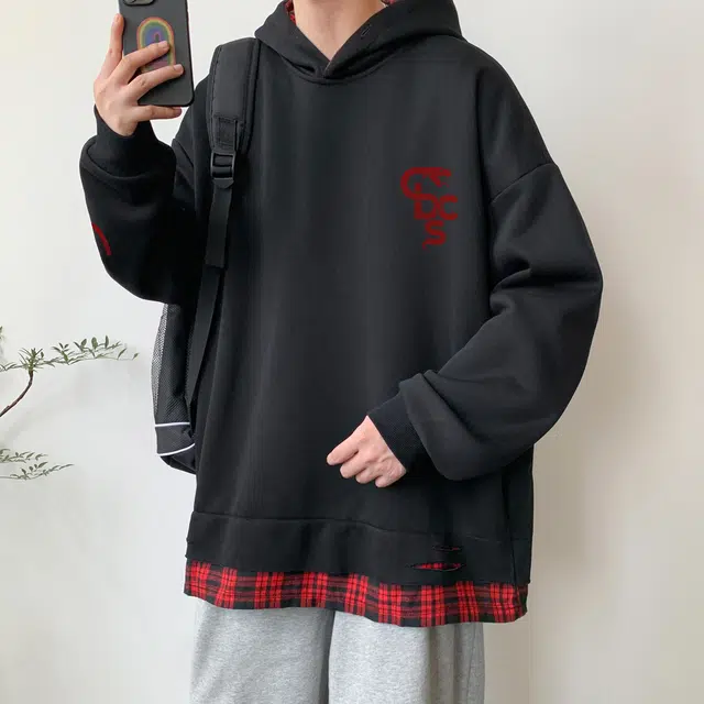 草本初色 美式潮流复古高街撞色拼接格子假两件创意格纹设计感艺术字花体印花简约百搭透气舒适柔软秋季学连帽拉链开衫卫衣 男女同款