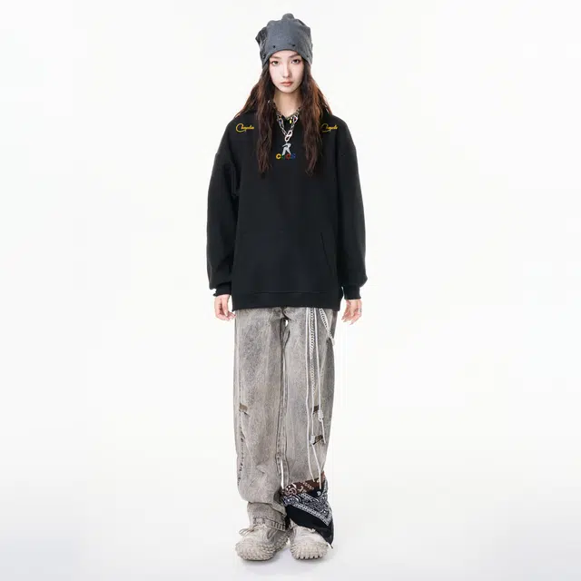 草本初色 创意帽檐彩色珠串流苏设计高街无性别主义复古简约潮流重磅仿刺绣字母印花连帽落肩休闲时尚宽松百搭日常套头长袖卫衣 男女同款