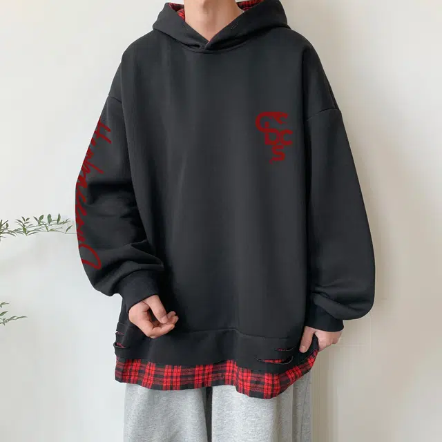 草本初色 美式潮流复古高街撞色拼接格子假两件创意格纹设计感艺术字花体印花简约百搭透气舒适柔软秋季学连帽拉链开衫卫衣 男女同款