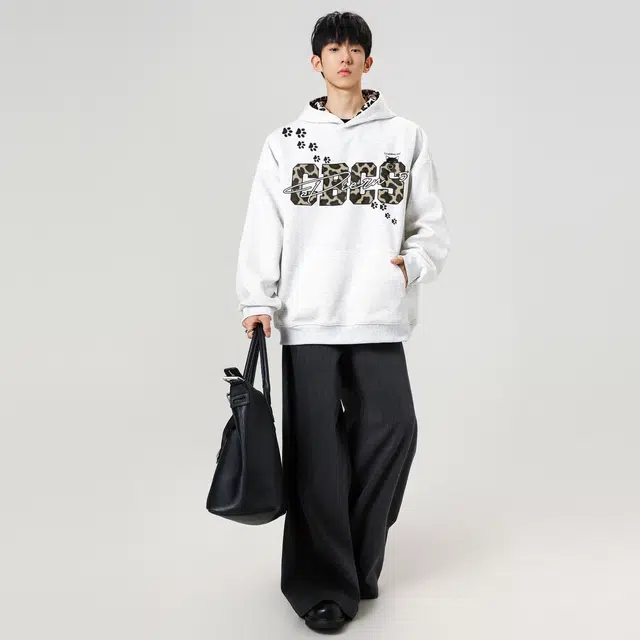 草本初色 轻奢复古豹纹拼接猫爪字母印花设计小众高级落肩百搭日常通勤休闲宽松舒适亲肤创意个性痞帅情侣学院风套头连帽卫衣 男女同款