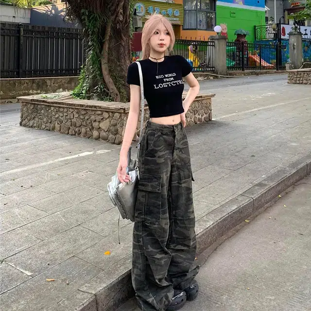 虫小绿 美式复古高街多口袋阔腿工装裤 潮流百搭显高显瘦牛仔裤 男女同款