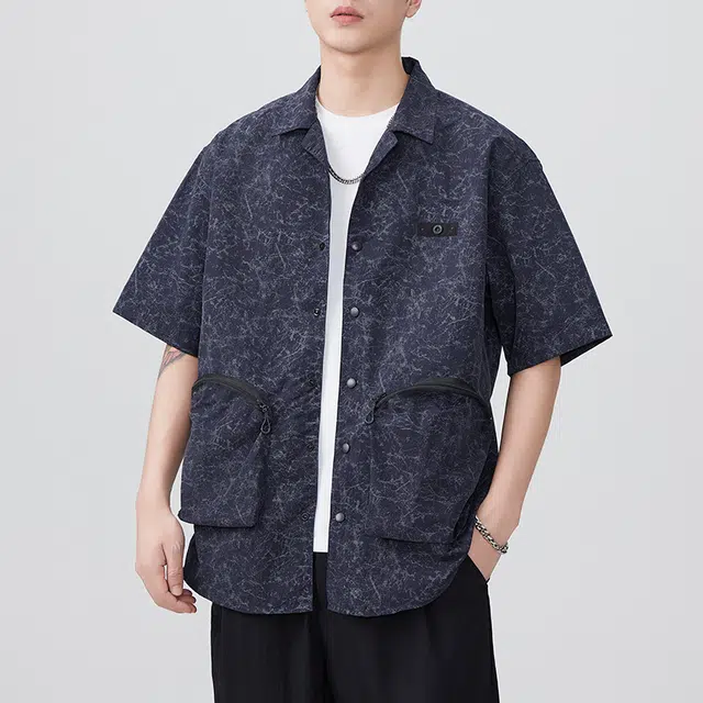 左岸 港风青少年感夏季透气短袖衬衣翻领拼色高级感休闲宽松潮牌半袖工装风痞帅上衣衬衫 男款