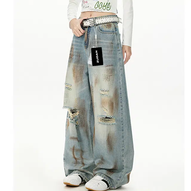 左岸 美式高街潮流百搭舒适宽松扎染破洞设计时尚高级感休闲港风潮牌牛仔裤 男女同款