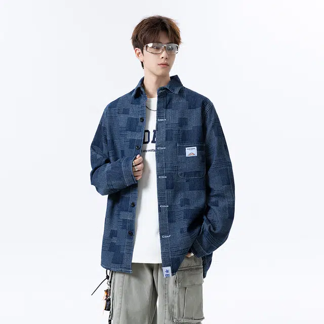 左岸 潮牌美式水洗做旧绣标长袖牛仔男女春秋季宽松百搭上衣休闲衬衫 男款