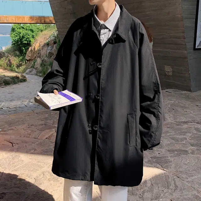 左岸  日系复古时尚潮流百搭纯色开衫翻领上衣休闲宽松舒适防风外套春秋季单排盘扣中长款风衣 男款