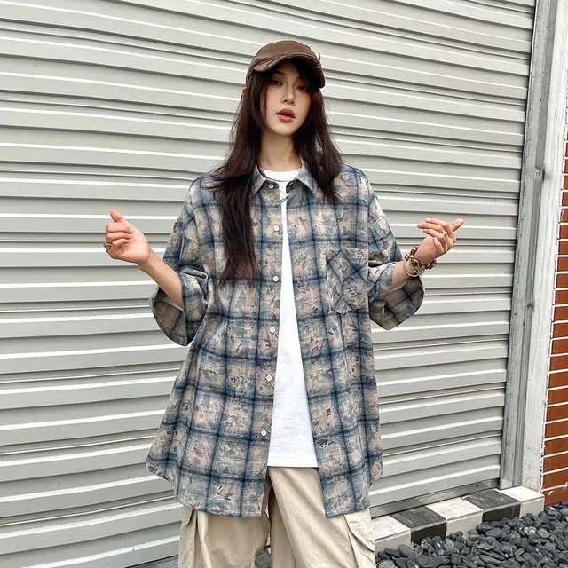 左岸 夏季美式复古风百搭时尚休闲个性扎染格子日常通勤户外活动宽松舒适透气吸汗冰爽潮牌短袖衬衫 男女同款