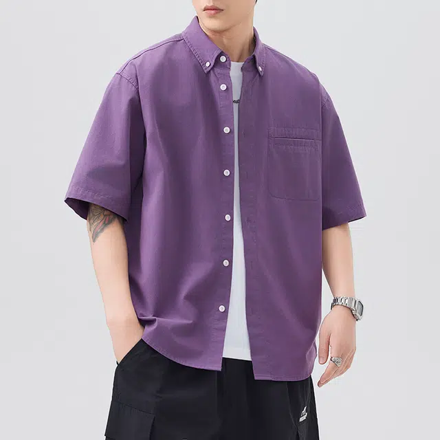 左岸 港风青少年感夏季纯棉透气短袖衬衣翻领纯色简约高级感休闲宽松潮牌半袖痞帅上衣衬衫 男款