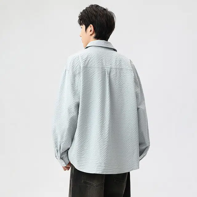 左岸 港风潮流百搭春秋翻领开衫纯色上衣休闲宽松舒适透气衬衣潮牌肌理感泡泡格子衬衫 男女同款