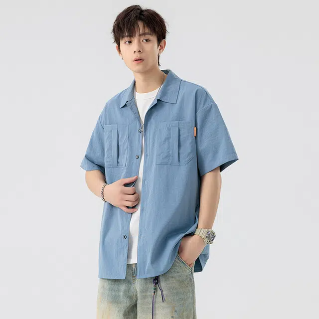 左岸 日系潮流工装冰丝薄款宽松短袖衬衫 男款