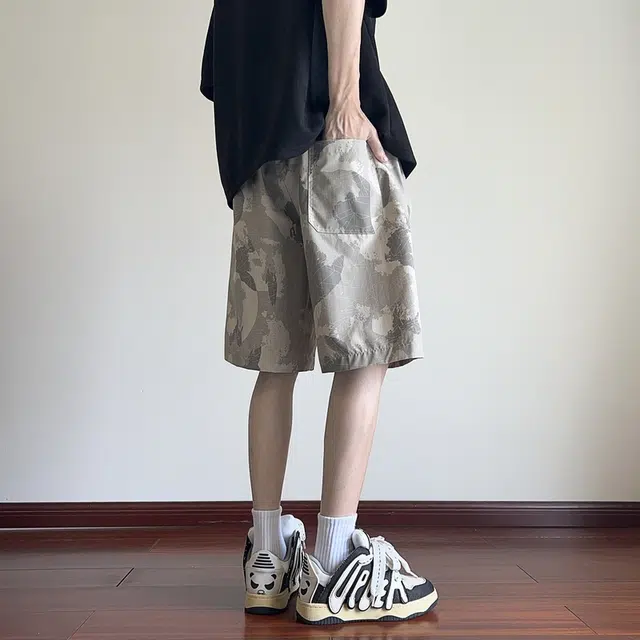 左岸 夏季薄款港风迷彩中裤宽松百搭舒适透气沙滩裤工装风五分裤休闲短裤 男款