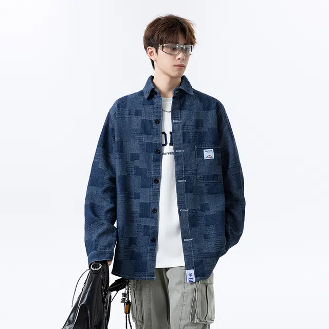 左岸 潮牌美式水洗做旧绣标长袖牛仔男女春秋季宽松百搭上衣休闲衬衫 男款