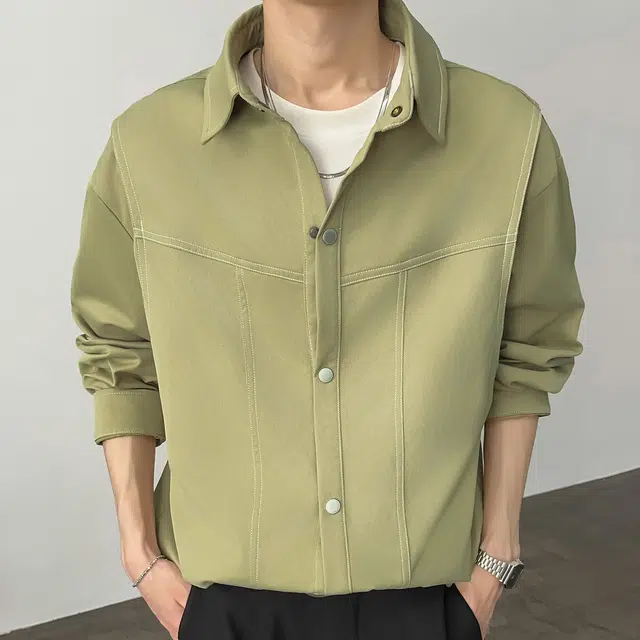 左岸 春秋港风潮流百搭开衫上衣休闲宽松舒适衬衣设计感插色老钱风衬衫 男款