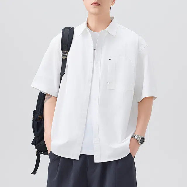 左岸 港风少年感夏季纯棉透气短袖衬衣翻领纯色高级感简约休闲宽松潮牌半袖痞帅上衣衬衫 男款