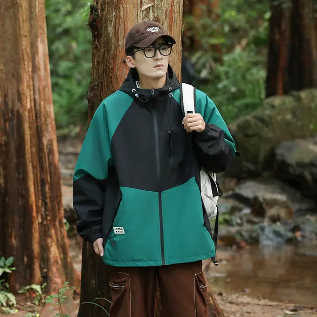左岸 春秋季美式潮牌百搭撞色拼接带帽开衫上衣宽松休闲舒适山系户外防风工装风冲锋外套夹克 男款