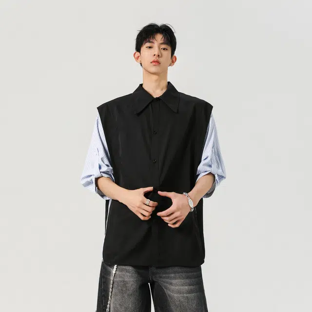 左岸 七分袖青少年夏季拼接假两件短袖衬衣薄款港风休闲上衣衬衫 男款