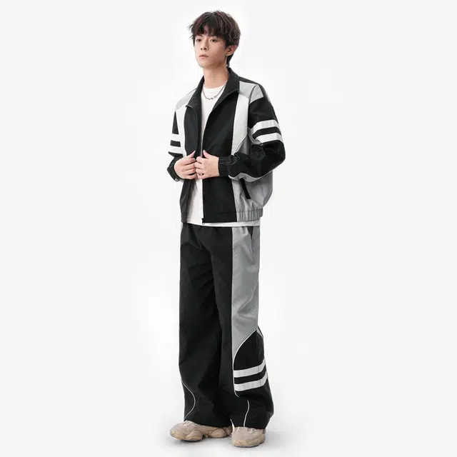 左岸 青少年春秋百搭潮流宽松两件套时尚设计感拼接撞色翻领开衫上衣长裤搭配一整套休闲运动套装 男款