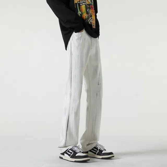 左岸 美式高街男士直筒秋冬喷墨休闲裤显瘦显腿长青少年百搭宽松舒适小众学院风港风潮牌牛仔裤 男款