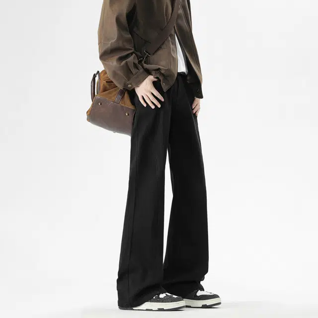 左岸 美式高街斜切微喇长裤男潮牌显瘦直筒宽松阔腿休闲弯刀裤春秋季牛仔裤 男款