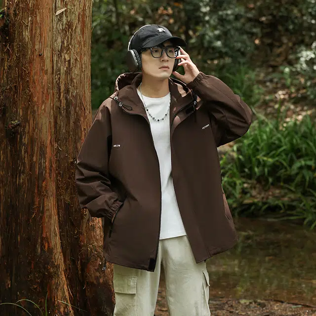 左岸 美式潮牌百搭纯色带帽开衫上衣宽松休闲舒适山系户外防风工装风冲锋外套夹克 男款