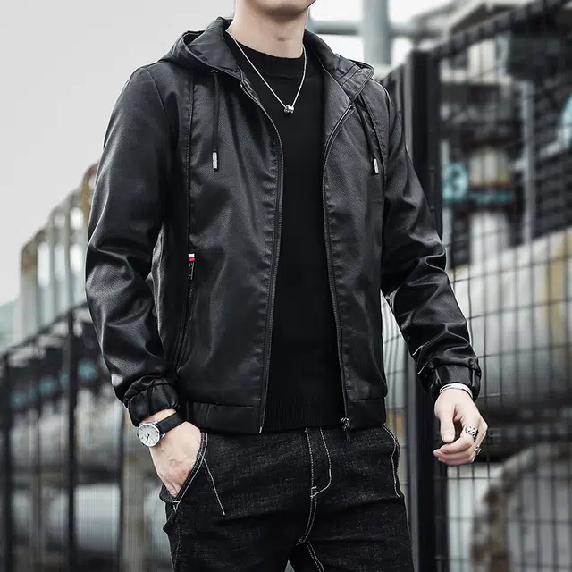 左岸 港风潮牌青年潮流男士修身连帽外套加厚简约酷帅时尚休闲百搭个性舒适耐用保暖皮衣 男款