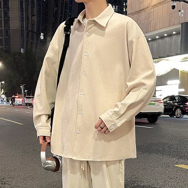 左岸 港风潮流简约百搭春秋上衣休闲宽松舒适透气纯色灯芯绒衬衣潮牌翻领开衫薄款外套衬衫 男款