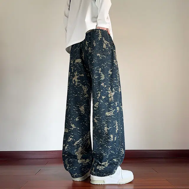 左岸 青少年港风时尚潮流破洞流苏宽松舒适休闲直筒阔腿裤显高显瘦长裤春秋季牛仔裤 男款