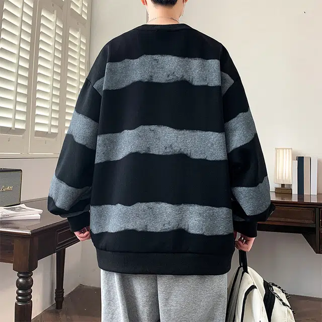 左岸 青少年时尚潮牌休闲宽松长袖圆领上衣百搭帅气穿搭舒适加肥加大码外衣设计感撞色条纹春秋卫衣 男款