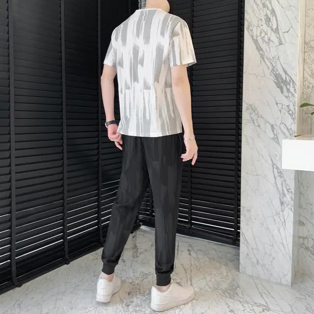左岸 美式宽松扎染潮流简约时尚高级感百搭短袖港风柔软长裤休闲运动套装 男款