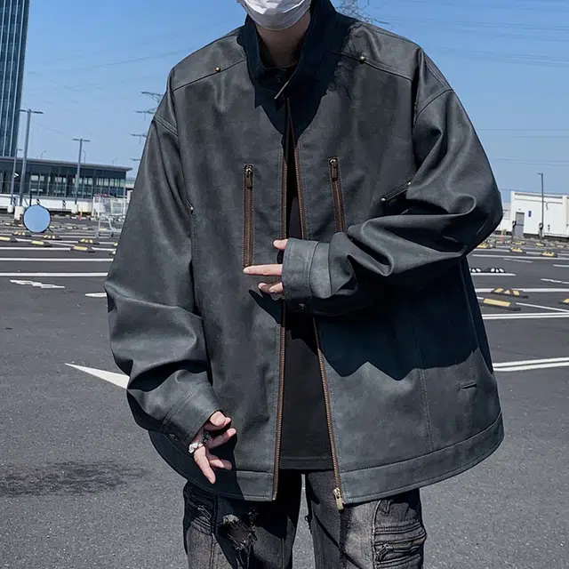 左岸 美式复古高街铆钉时尚潮牌百搭拉链开衫立领上衣休闲宽松舒适春秋季防风夹克外套皮衣 男款