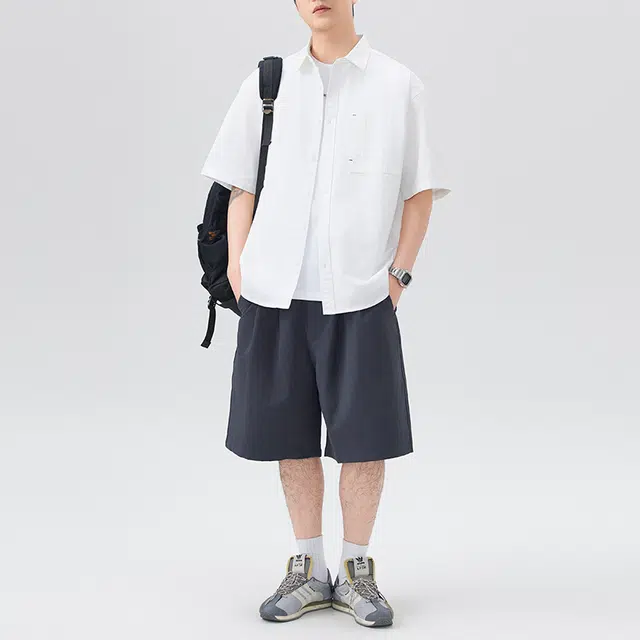左岸 港风少年感夏季纯棉透气短袖衬衣翻领纯色高级感简约休闲宽松潮牌半袖痞帅上衣衬衫 男款