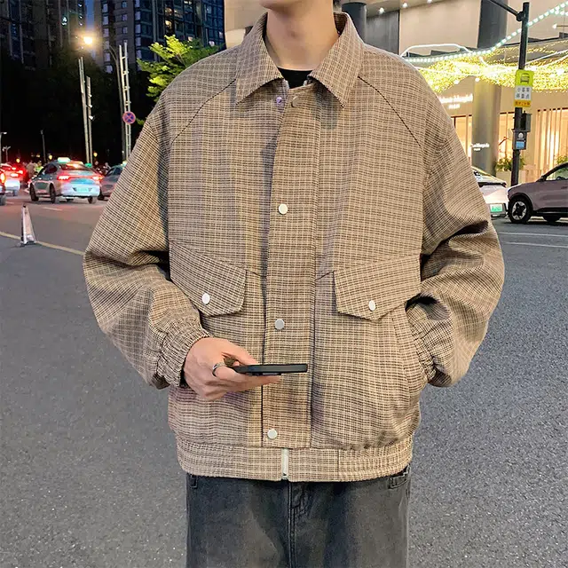 左岸 春秋季港风时尚潮牌条纹格子百搭开衫翻领上衣加肥加大码休闲宽松舒适防风外套夹克 男款