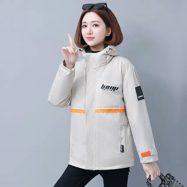 左岸 美式高街时尚潮流拼接设计字母印花韩系面包服棉衣防风抗寒保暖加厚机能工装外套运动休闲御寒厚实暖和棉袄炸街连帽派克棉服 女款
