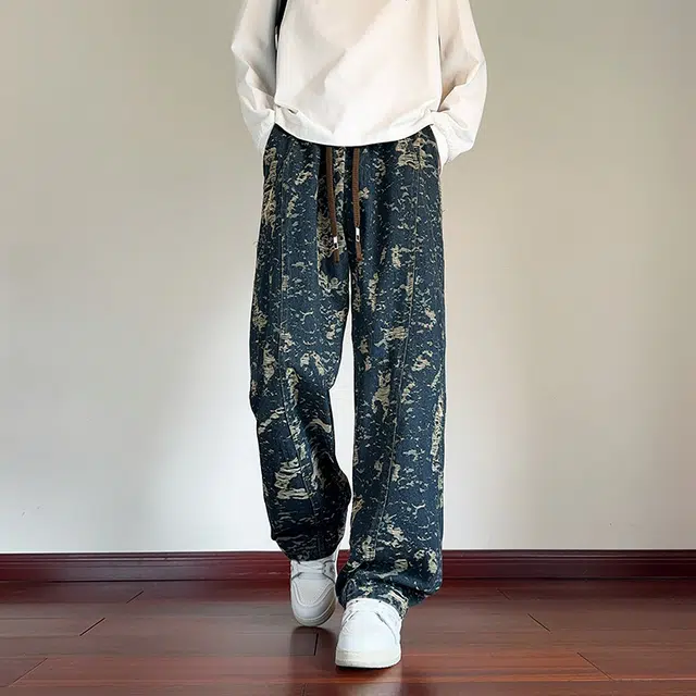 左岸 青少年港风时尚潮流破洞流苏宽松舒适休闲直筒阔腿裤显高显瘦长裤春秋季牛仔裤 男款