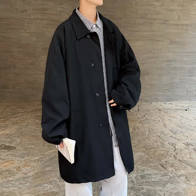 左岸  日系复古时尚潮流百搭纯色开衫翻领上衣休闲宽松舒适防风外套春秋季单排盘扣中长款风衣 男款