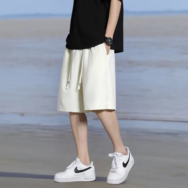 左岸 夏季港风潮流宽松纯色系带中裤薄款沙滩裤五分裤子休闲短裤 男款