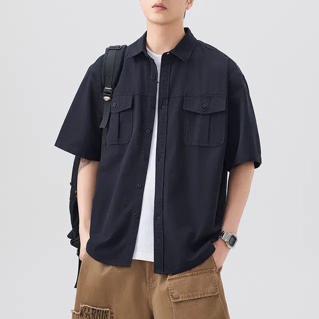 左岸 夏季轻薄纯棉透气短袖衬衣少年感翻领纯色简约高级感休闲潮牌半袖痞帅工装上衣衬衫 男款