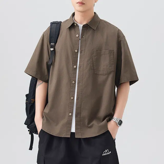 左岸 夏季棉麻透气短袖衬衣港风少年感翻领纯色简约休闲潮牌半袖痞帅上衣衬衫 男款